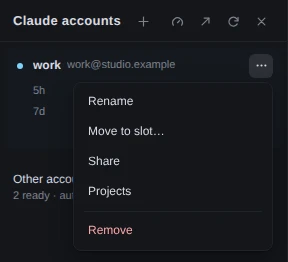 The menu of the active account, work, open over the panel: Rename, Move to slot…, Share, Projects, and below a rule, Remove.
