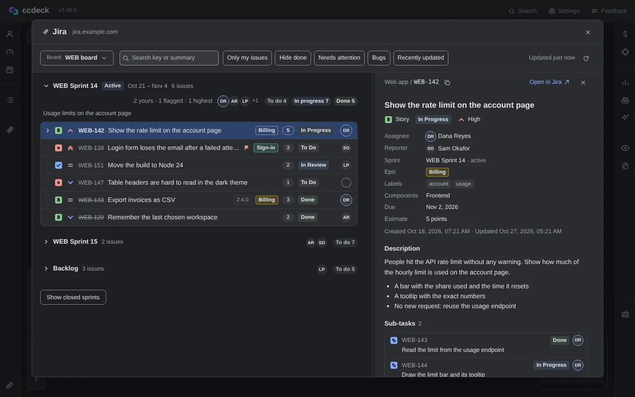 The Jira panel over the deck: the board WEB board, filters, the active sprint WEB Sprint 14 with six issues and their statuses, WEB Sprint 15 and the Backlog folded under it, and the story WEB-142 open beside the list with its fields and description.