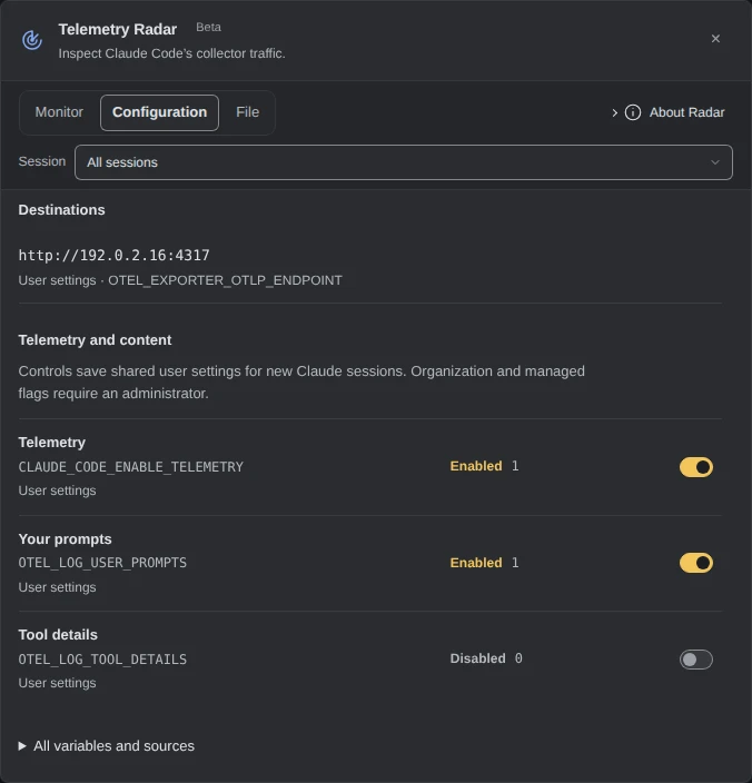 Telemetry Radar’s Configuration view. Destinations: http://192.0.2.16:4317, from User settings, OTEL_EXPORTER_OTLP_ENDPOINT. Telemetry and content: Telemetry, CLAUDE_CODE_ENABLE_TELEMETRY, Enabled 1, switch on; Your prompts, OTEL_LOG_USER_PROMPTS, Enabled 1, switch on; Tool details, OTEL_LOG_TOOL_DETAILS, Disabled 0, switch off. All three from User settings.