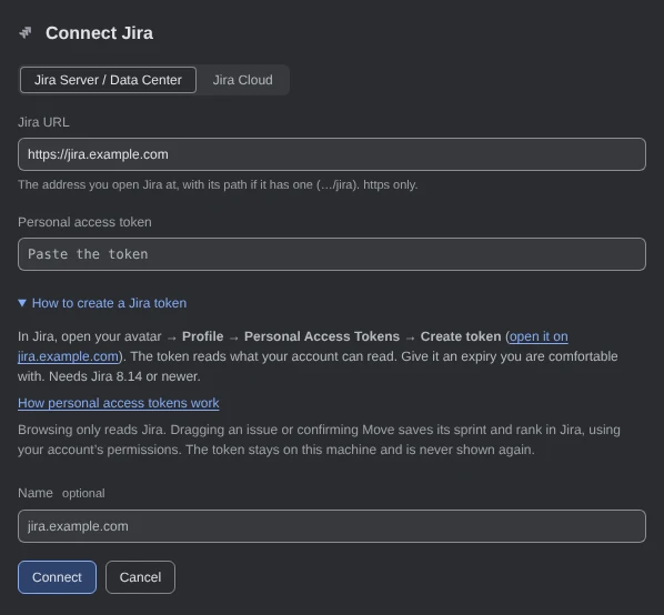 The Connect Jira form in Settings: Jira Server / Data Center chosen, the Jira URL https://jira.example.com, an empty Personal access token field, How to create a Jira token opened on where Jira makes a token, with a link to that page on jira.example.com and the line saying browsing only reads while a drag or Move saves sprint and rank, the Name jira.example.com, and Connect and Cancel.