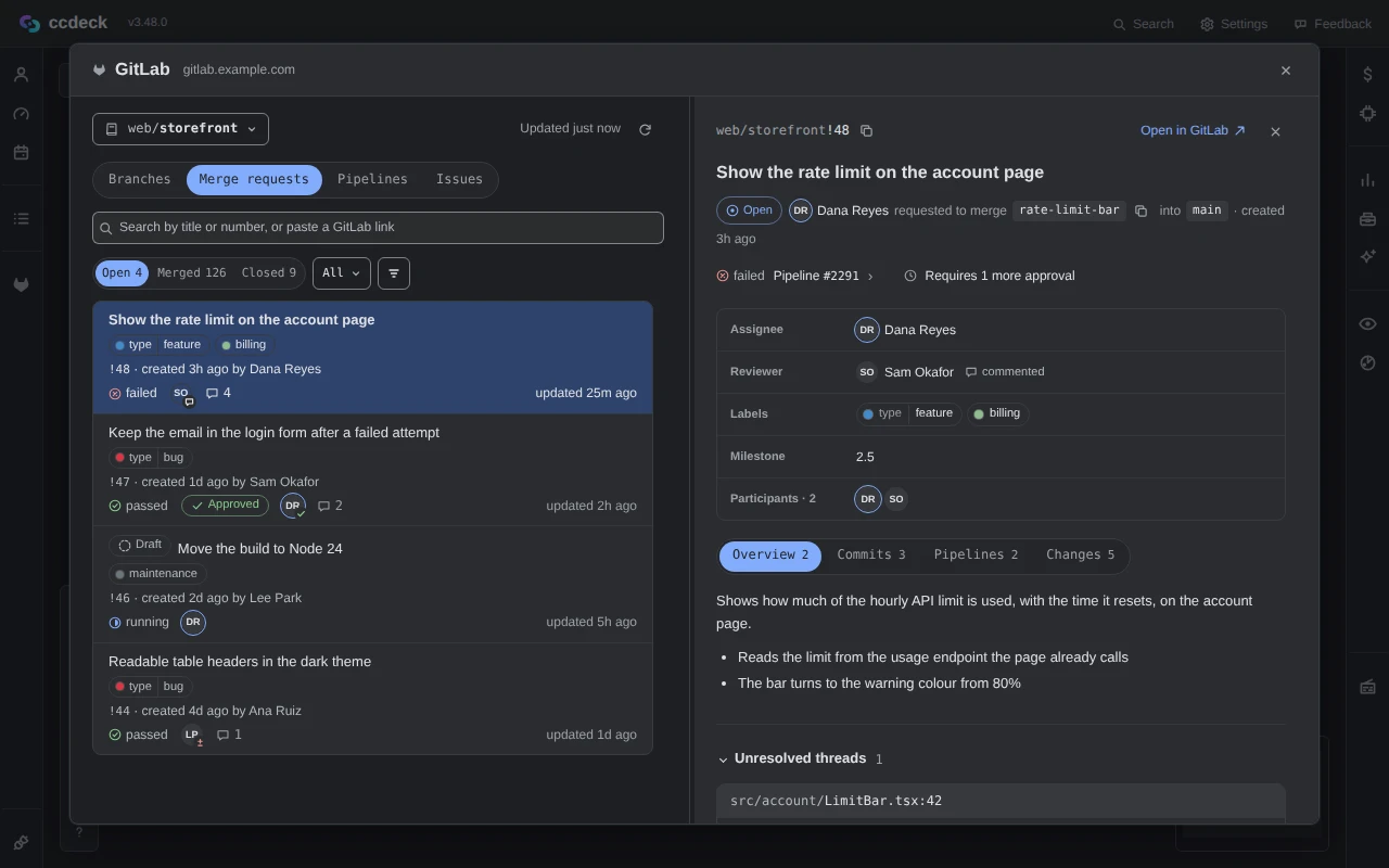 The GitLab panel over the deck: the project web/storefront, the Merge requests tab with four open merge requests and their pipeline and review states, and merge request !48 open beside the list with its failed pipeline, reviewer, labels and description.