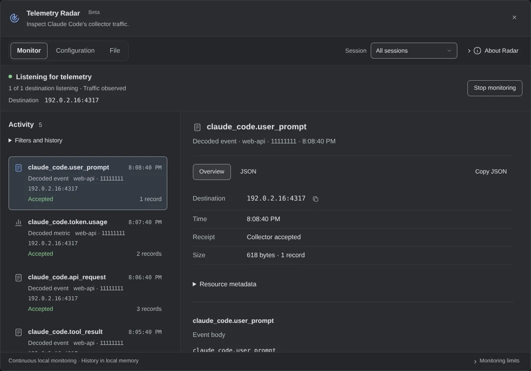 Telemetry Radar’s Monitor view, Listening for telemetry, 1 of 1 destination listening, destination 192.0.2.16:4317. Activity, 5: claude_code.user_prompt, claude_code.token.usage, claude_code.api_request and claude_code.tool_result, all from web-api, the first three marked Accepted. The first is open beside the list: Decoded event, web-api, Receipt Collector accepted, Size 618 bytes, 1 record.