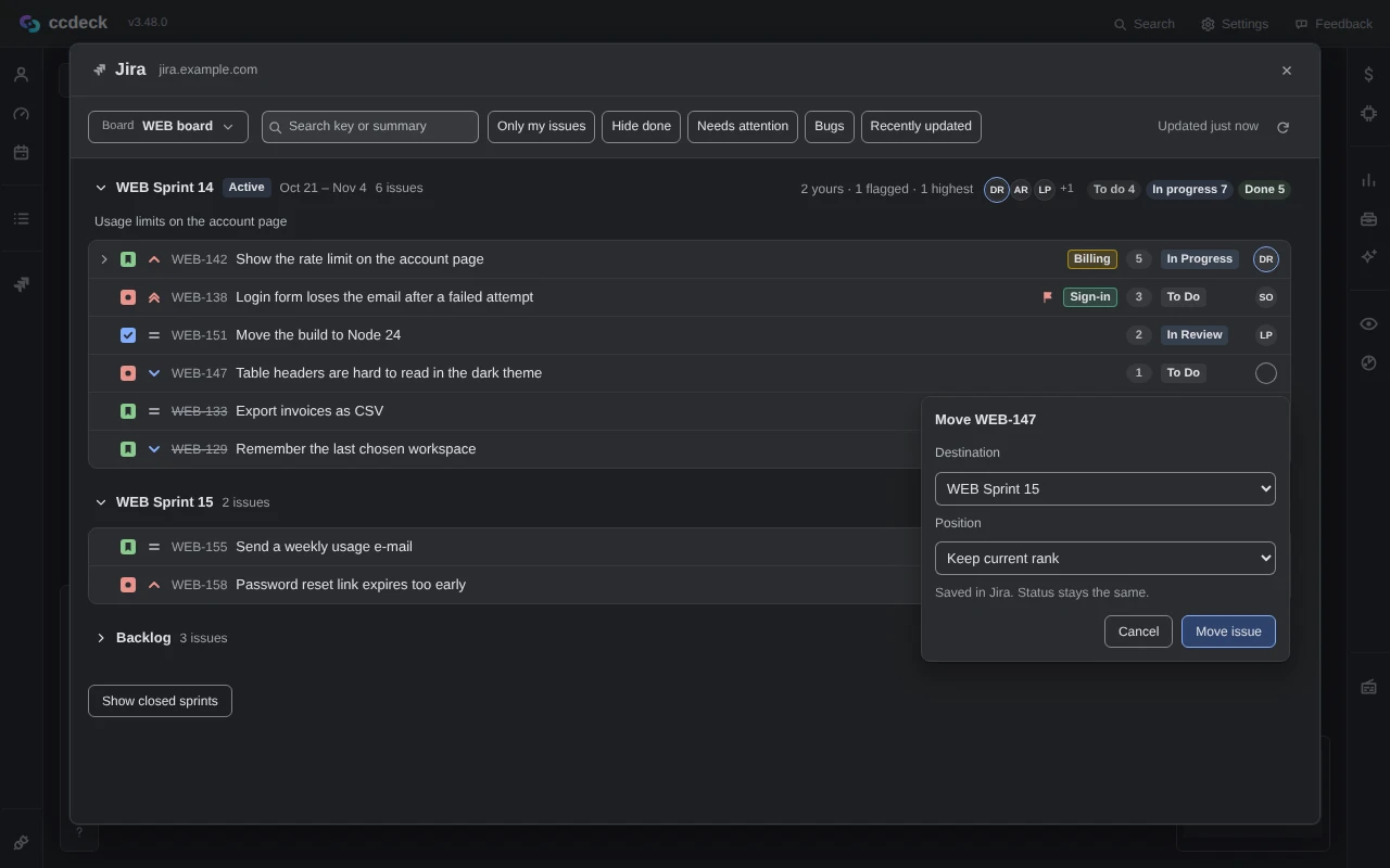 The Jira panel with WEB Sprint 15 open under the active sprint, and the Move WEB-147 dialog beside that row: Destination WEB Sprint 15, Position Keep current rank, the line Saved in Jira. Status stays the same., and Cancel and Move issue.