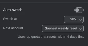 Auto-switch, with its switch off. Under it, Switch at reads 90%, and Next account reads Soonest weekly reset, with the line Uses up quota that resets within 4 days first.