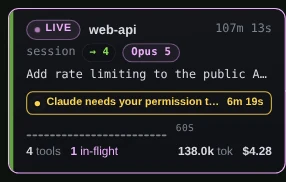 The same web-api node on the canvas, carrying a yellow bar: Claude needs your permission, 6 minutes.