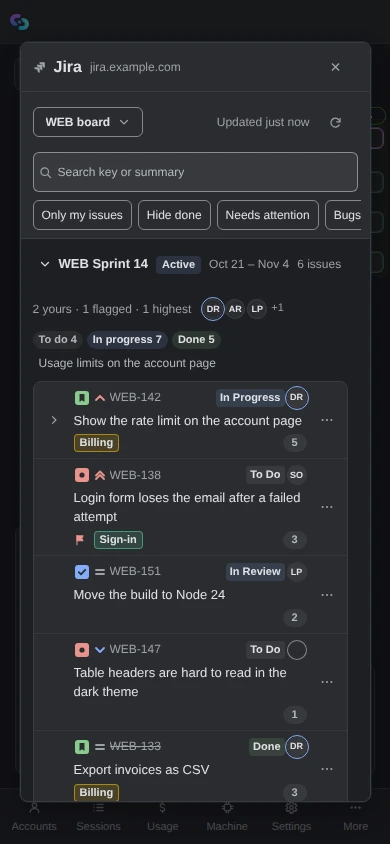 The Jira panel on a phone: the board, the search box, the filters in one row, and the active sprint's issues, each row with its key, status, summary, assignee and a ⋯ button.