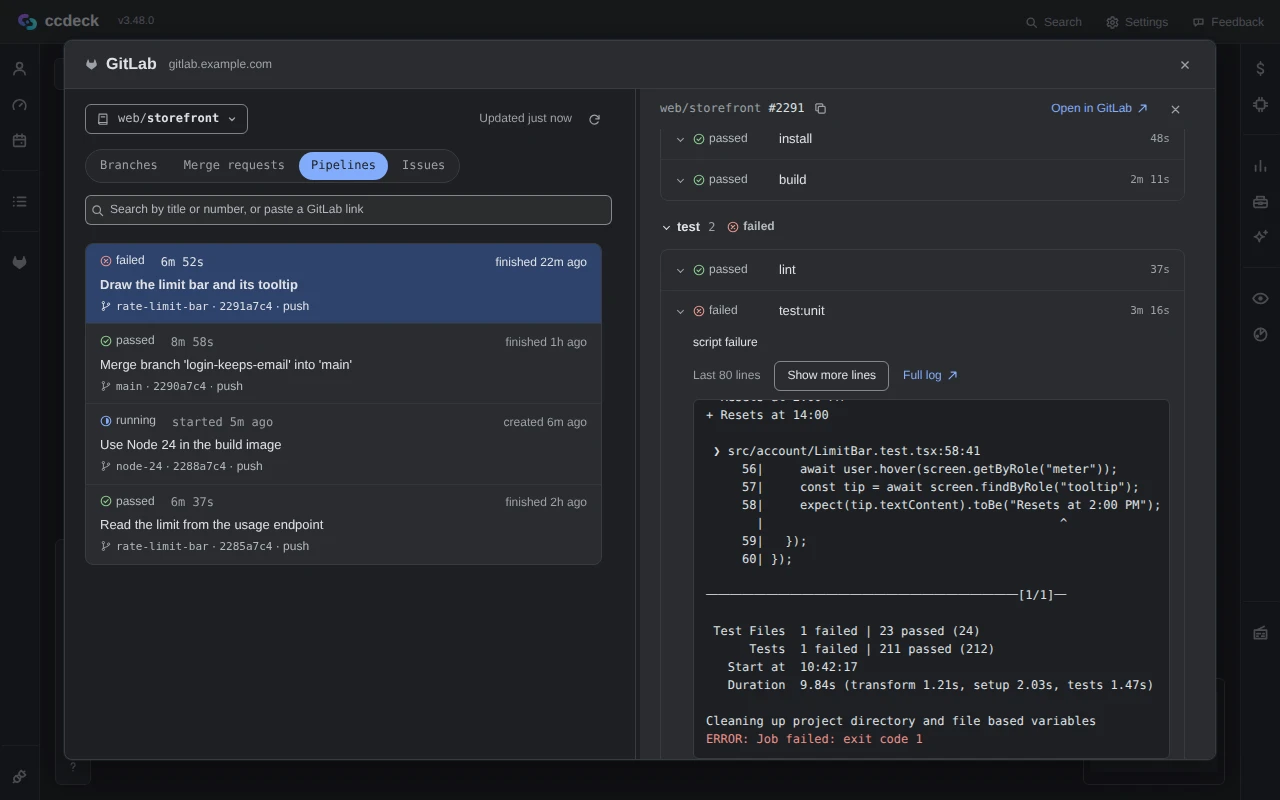 The Pipelines tab of the GitLab panel: four pipelines, the failed one open beside the list, and the failed job test:unit with the last 80 lines of its log shown, ending in a failed test's expected and received values, the test summary and Job failed: exit code 1.