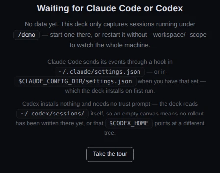 The empty canvas of a deck scoped to /demo: the heading Waiting for Claude Code or Codex, a sentence saying the deck only captures sessions running under /demo, one line each on how Claude Code and Codex reach the deck, and a Take the tour button.