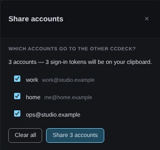 The Share accounts dialog. It asks which accounts go to the other ccdeck, says 3 accounts, 3 sign-in tokens will be on your clipboard, lists work, home and ops@studio.example, all ticked, and has the buttons Clear all and Share 3 accounts.