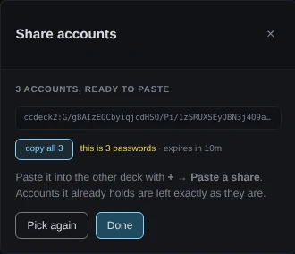 The Share accounts dialog after the share was made. It says 3 accounts, ready to paste, over one line of text starting ccdeck2: and cut off with an ellipsis. Beside a copy all 3 button: this is 3 passwords, expires in 10m. A note says to paste it into the other deck with + then Paste a share. The buttons are Pick again and Done.