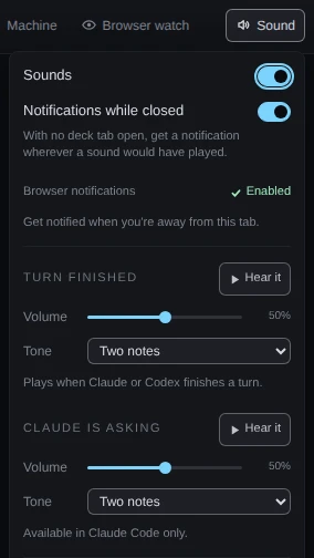The Sound menu under the Sound button: Sounds and Notifications while closed both on, Browser notifications Enabled, then the Turn finished and Claude is asking sections, each at 50% with the tone Two notes.