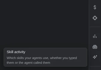 The stripe on the right: icons for Usage and This machine, a rule, then Usage history, Tool activity and Skill activity. Beside Skill activity, its hint: Skill activity, Which skills your agents use, whether you typed them or the agent called them.