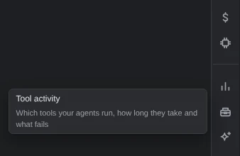 The stripe on the right: icons for Usage and This machine, a rule, then Usage history, Tool activity and Skill activity. Beside Tool activity, its hint: Tool activity, Which tools your agents run, how long they take and what fails.