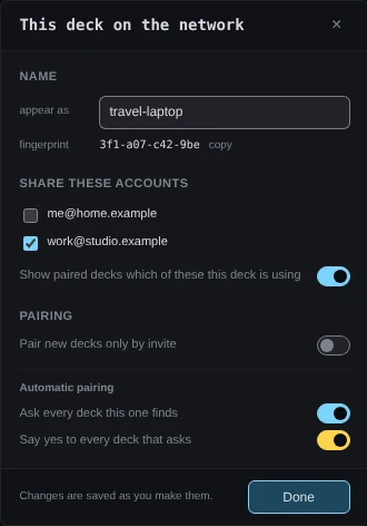 The dialog This deck on the network. Under Name, appear as travel-laptop and the fingerprint 3f1-a07-c42-9be with copy. Under Share these accounts, me@home.example unticked and work@studio.example ticked, then the switch Show paired decks which of these this deck is using, on. Under Pairing, Pair new decks only by invite is off; under Automatic pairing, Ask every deck this one finds and Say yes to every deck that asks are both on. The footer says Changes are saved as you make them, beside a Done button.