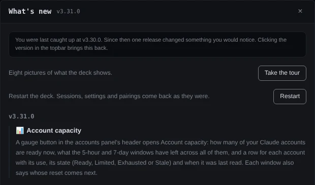 The What’s new dialog for v3.31.0. Its first line reads: You were last caught up at v3.30.0. Since then one release changed something you would notice. Clicking the version in the topbar brings this back. Below it are a Take the tour button and a Restart button, then the first of v3.31.0’s notes, Account capacity.